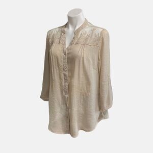 Tantrums Woman’s /3/4 Roll Tab Sleeve Neutral Tan Blouse Size XL,Lace,Mesh,Gauzy